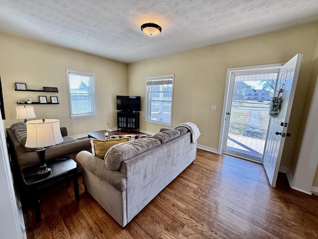 living room featuring wood-type flooring and a textured ceiling