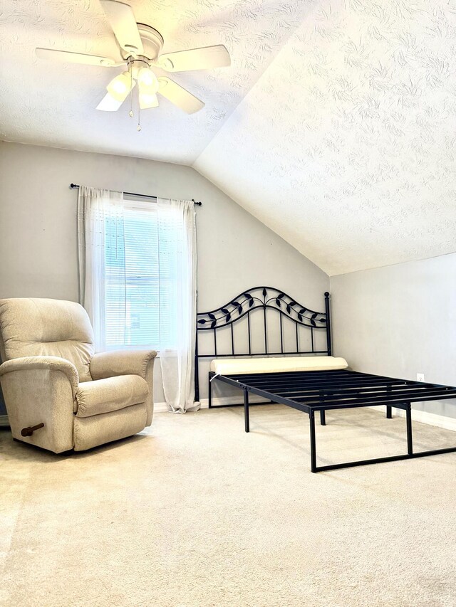 428 Columbia Ave, Monticello, KY 42633 - bedroom with a textured ceiling, ceiling fan, vaulted ceiling, and carpet floors