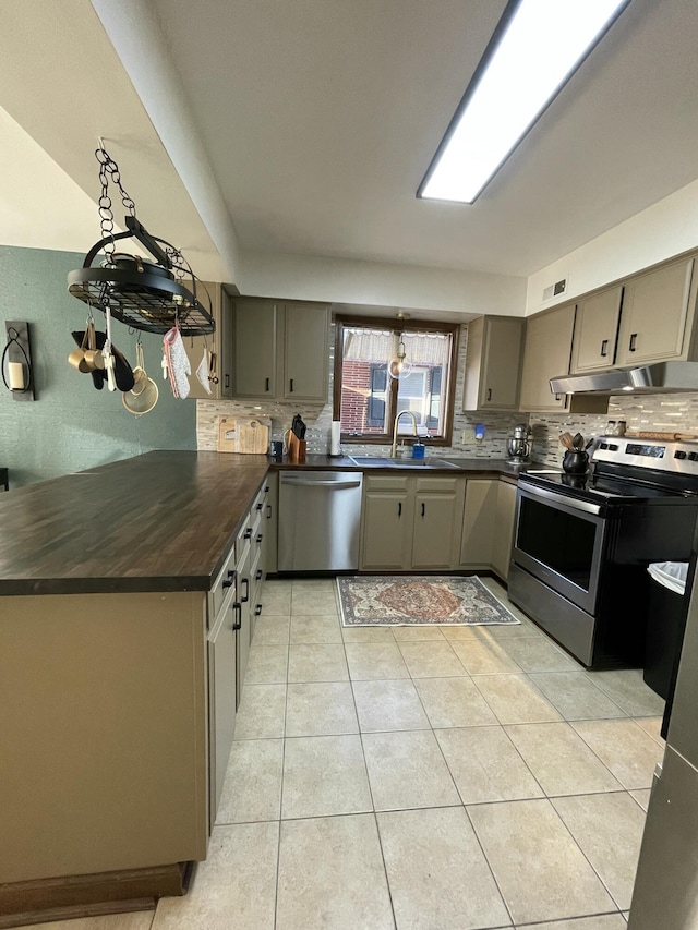 kitchen with light tile patterned flooring, sink, appliances with stainless steel finishes, kitchen peninsula, and decorative backsplash