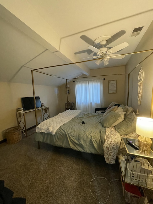 carpeted bedroom featuring lofted ceiling with beams and ceiling fan