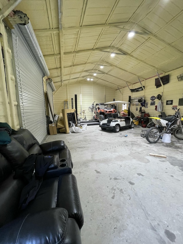 garage with a workshop area