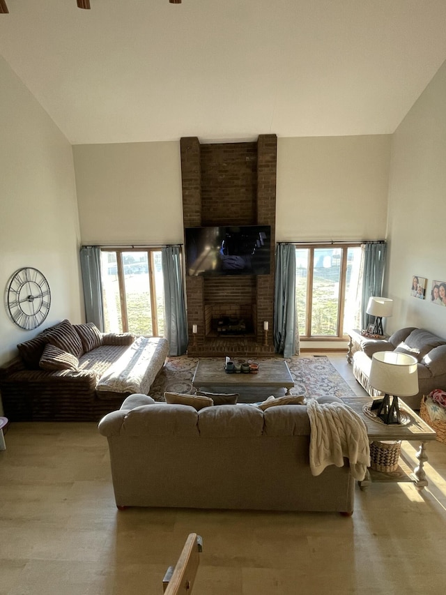 living room featuring light wood-type flooring and a fireplace