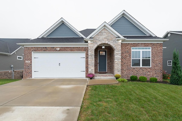 view of front of property with driveway, brick siding, roof with shingles, an attached garage, and a front yard