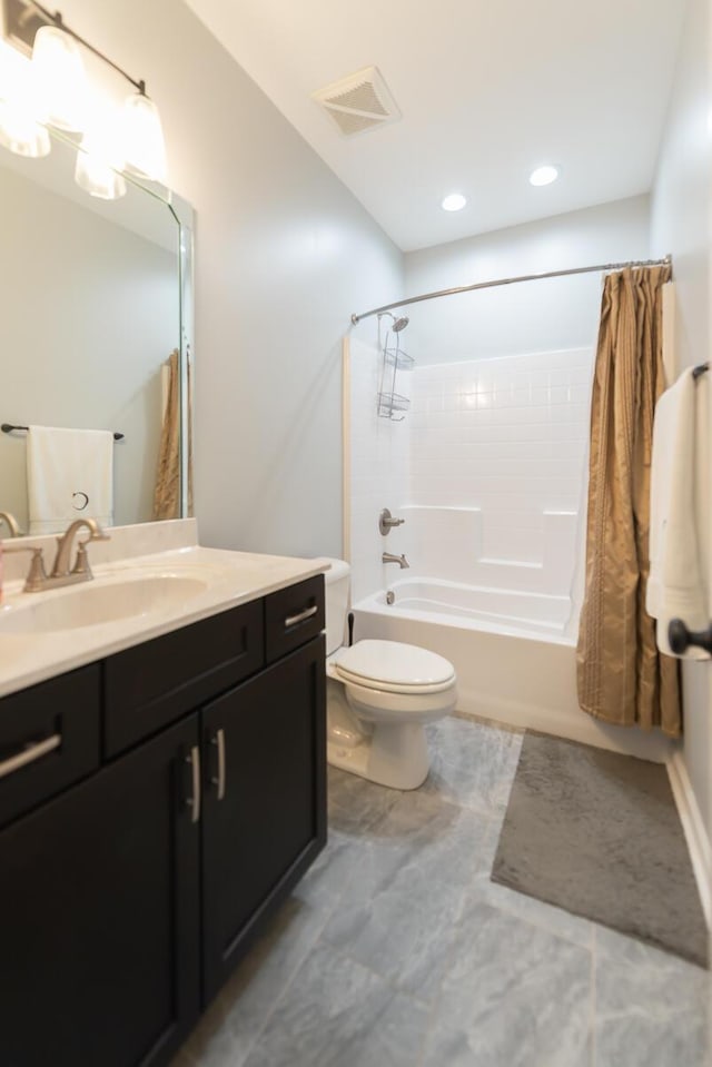 full bath with toilet, shower / tub combo, visible vents, and vanity