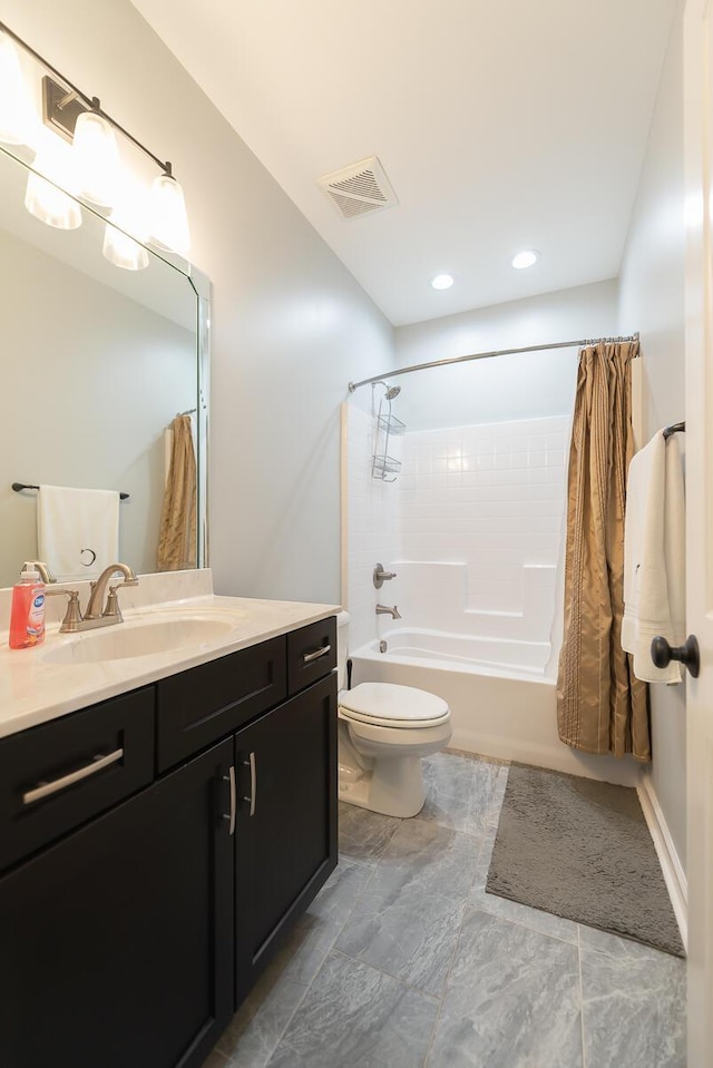 bathroom with shower / bath combo, visible vents, vanity, and toilet