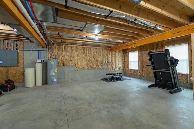 basement featuring electric water heater and electric panel