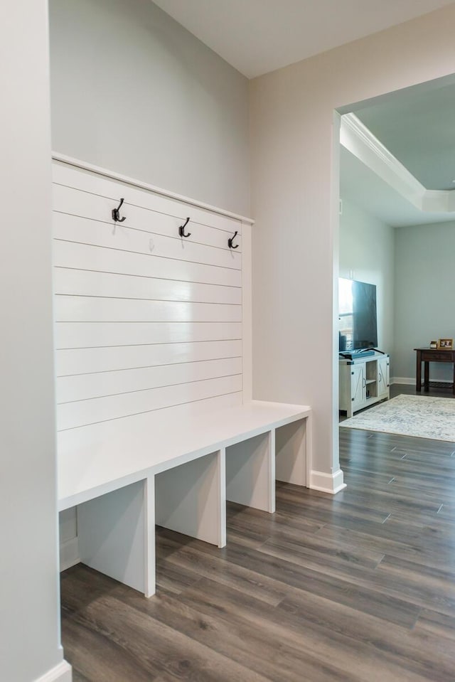 mudroom with baseboards and dark wood-type flooring