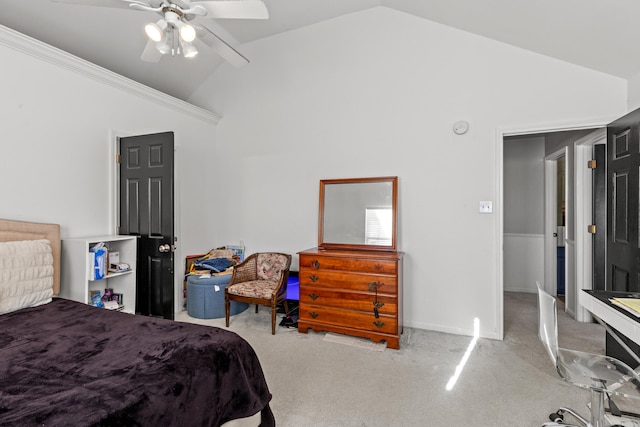 carpeted bedroom featuring high vaulted ceiling and ceiling fan