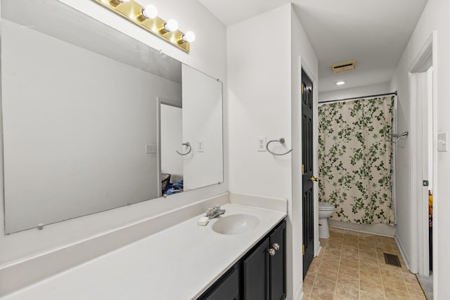 full bathroom with vanity, shower / bath combination with curtain, and toilet