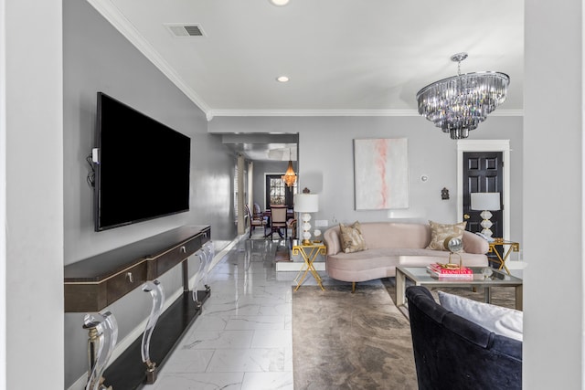 living room featuring crown molding and a chandelier