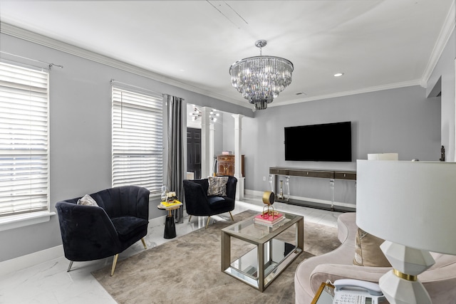 living room with an inviting chandelier and ornamental molding