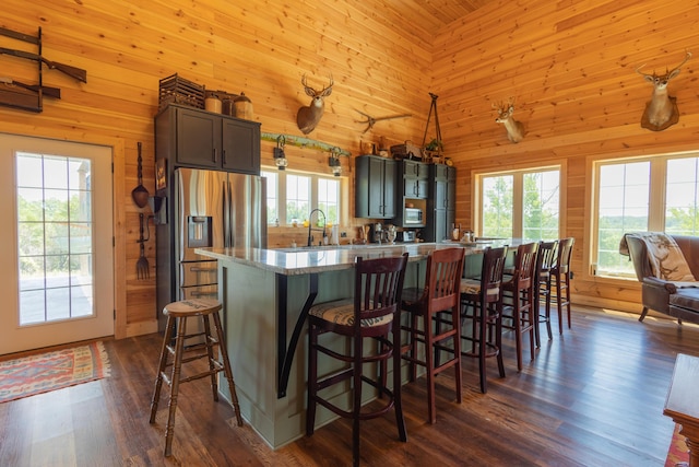 1473 Baker Ridge Rd, Willisburg, KY 40078 - kitchen featuring plenty of natural light, wood walls, a kitchen bar, dark wood-type flooring, and a towering ceiling
