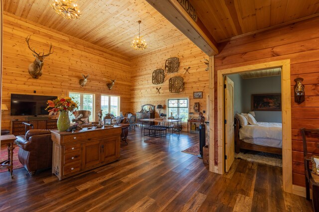 1473 Baker Ridge Rd, Willisburg, KY 40078 - living room featuring a chandelier, wood walls, wood ceiling, and dark wood-type flooring