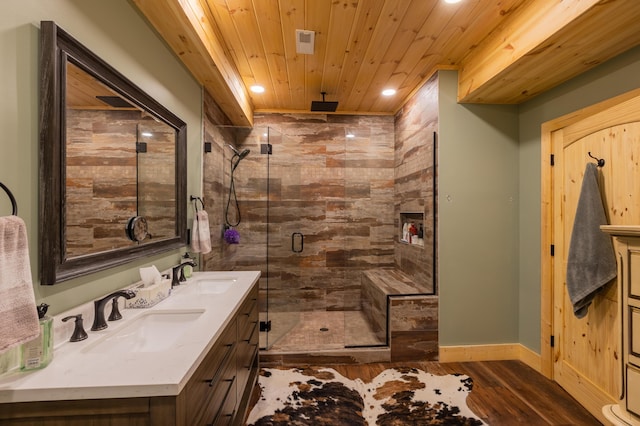 1473 Baker Ridge Rd, Willisburg, KY 40078 - full bath with recessed lighting, double vanity, a stall shower, wooden ceiling, and wood finished floors