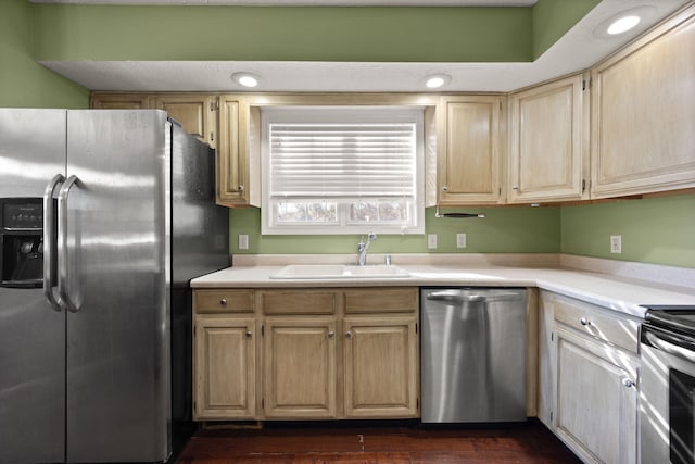 kitchen with stainless steel appliances, sink, and light brown cabinetry