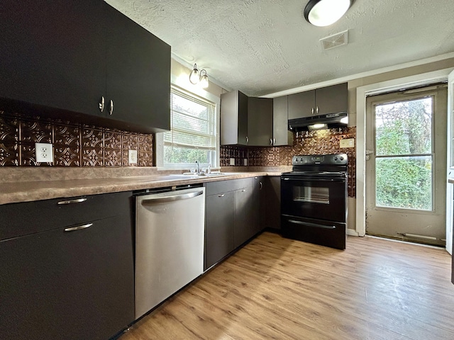 kitchen featuring sink, black electric range, dishwasher, light hardwood / wood-style floors, and backsplash