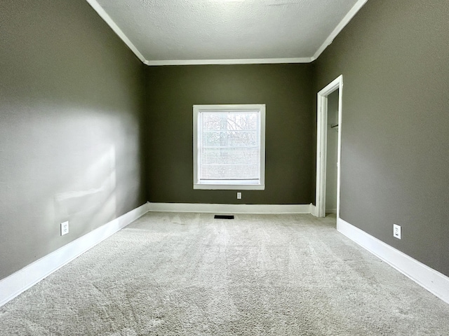 carpeted empty room with crown molding and a textured ceiling