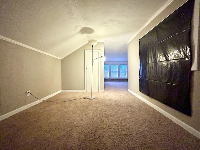 additional living space featuring vaulted ceiling and carpet flooring