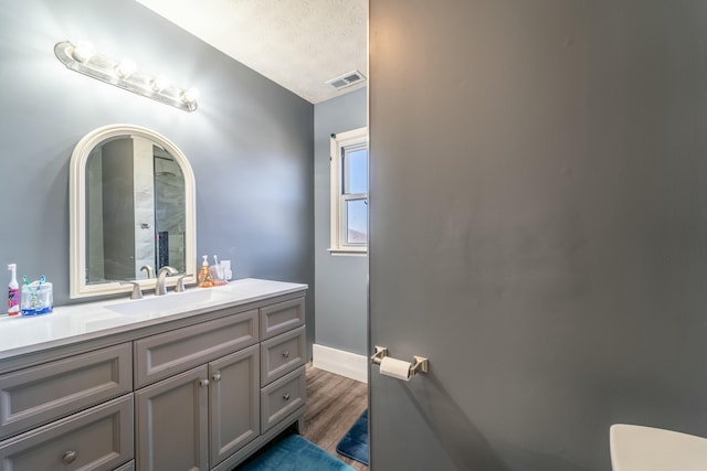 bathroom featuring vanity, wood-type flooring, and a textured ceiling