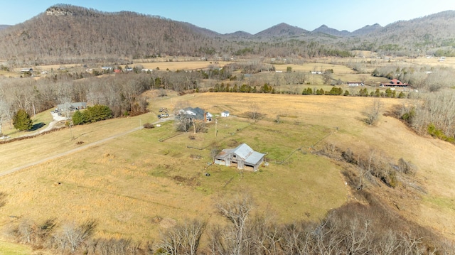 aerial view featuring a mountain view and a rural view