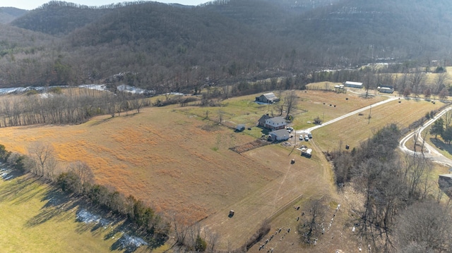 aerial view featuring a mountain view and a rural view