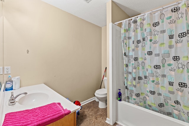 full bathroom featuring shower / bathtub combination with curtain, vanity, toilet, and a textured ceiling