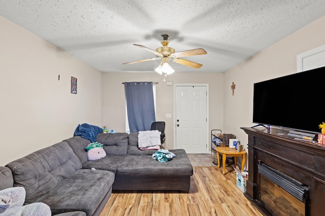 living room featuring ceiling fan, a textured ceiling, and light wood-type flooring