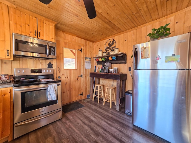 kitchen featuring stainless steel appliances, dark hardwood / wood-style floors, wooden walls, and wood ceiling