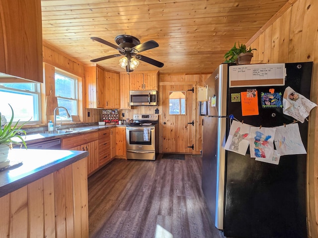 kitchen featuring wooden ceiling, stainless steel appliances, dark hardwood / wood-style floors, and wood walls