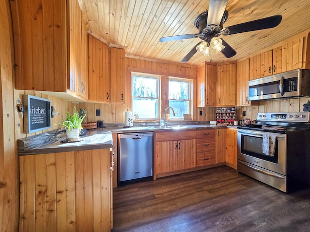 kitchen featuring sink, wood walls, wooden ceiling, appliances with stainless steel finishes, and dark hardwood / wood-style floors