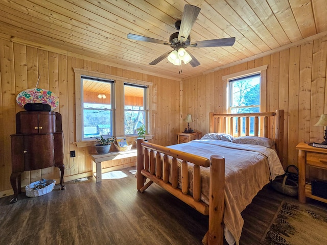 bedroom with hardwood / wood-style flooring, wooden walls, multiple windows, and wooden ceiling