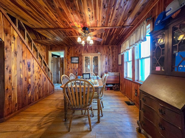 dining area featuring hardwood / wood-style flooring, wooden ceiling, ceiling fan, and wood walls