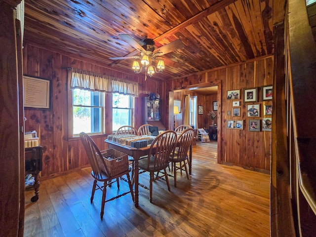 dining space featuring wood-type flooring, wooden ceiling, ceiling fan, and wood walls