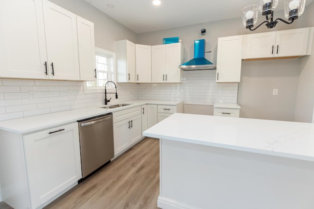 kitchen featuring sink, white cabinetry, tasteful backsplash, stainless steel dishwasher, and wall chimney exhaust hood