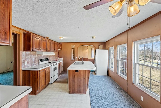 kitchen featuring white electric range, sink, fridge, a kitchen island with sink, and crown molding