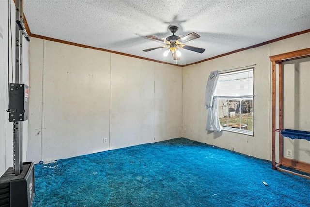 empty room featuring ceiling fan, crown molding, carpet floors, and a textured ceiling