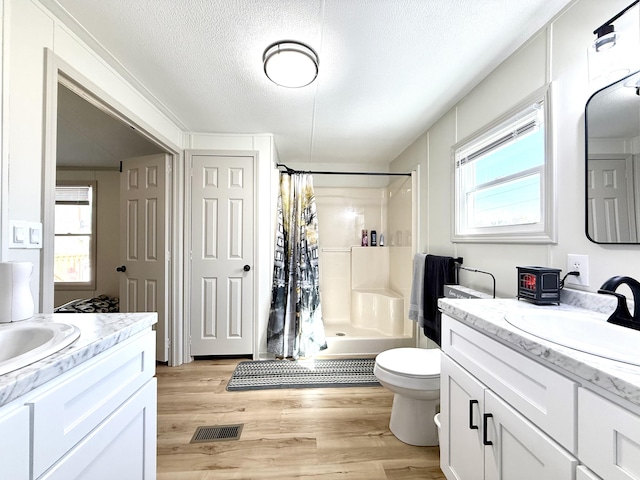 full bathroom featuring a healthy amount of sunlight, vanity, a shower stall, and wood finished floors