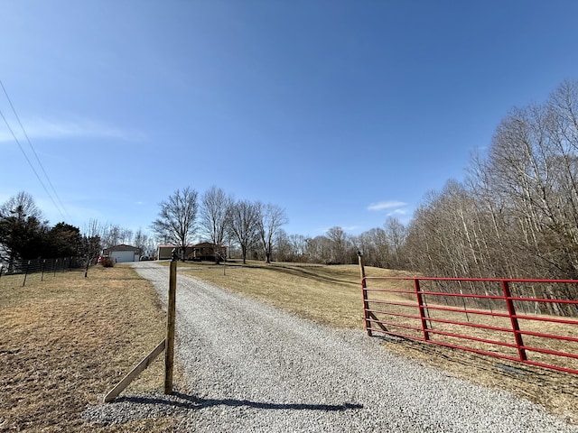 view of street with gravel driveway, a gate, a gated entry, and a rural view