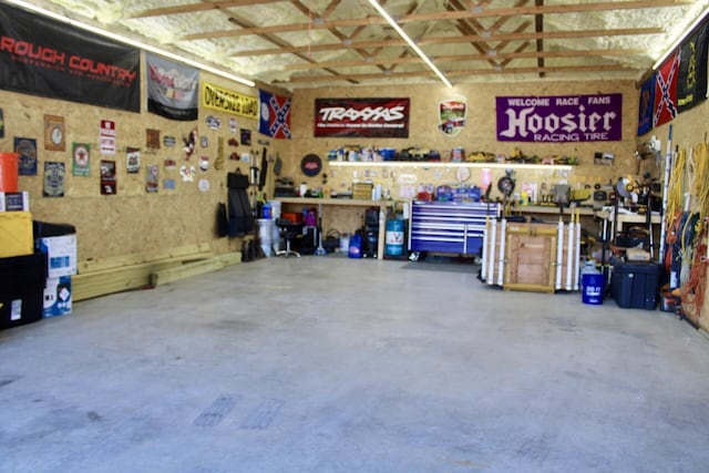 garage featuring a workshop area