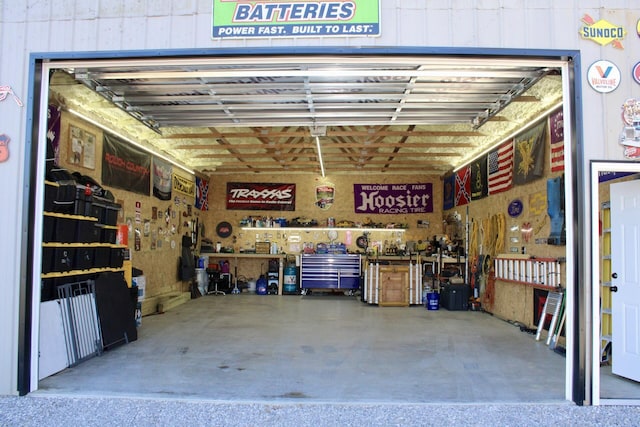 garage featuring a workshop area