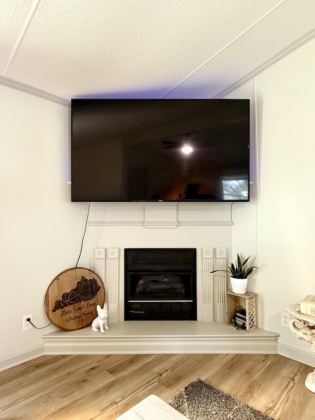 details featuring a textured ceiling, a fireplace, wood finished floors, and baseboards