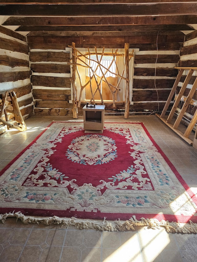 interior space featuring rustic walls