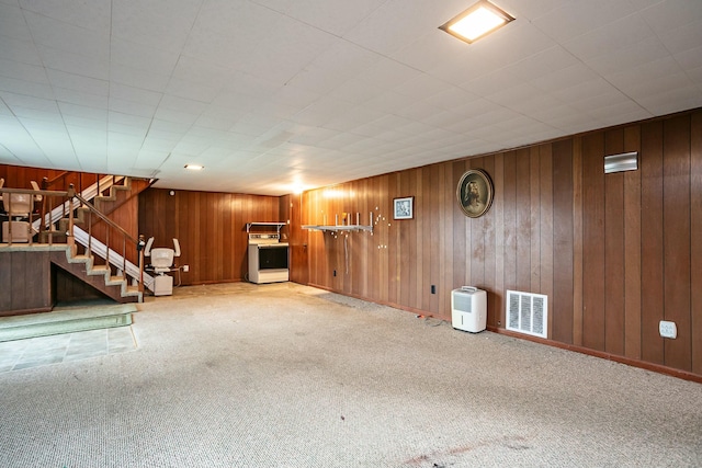 basement with wooden walls and carpet flooring