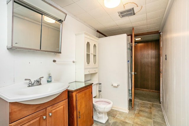 bathroom with wooden walls, vanity, and toilet