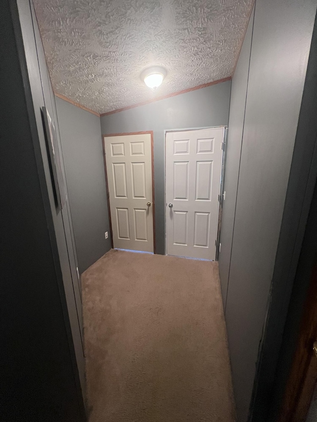 hall featuring ornamental molding, carpet floors, and a textured ceiling