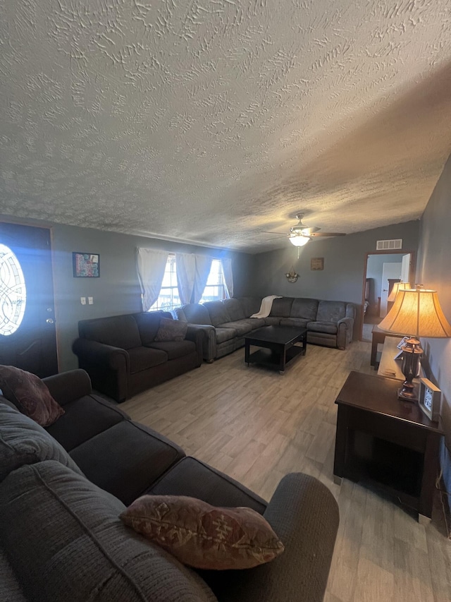 living room with a textured ceiling and light hardwood / wood-style flooring