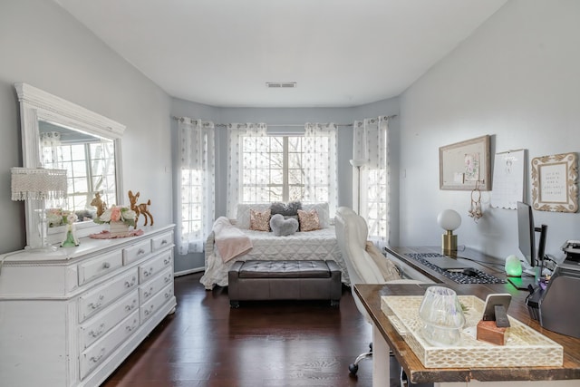 bedroom with multiple windows and dark wood-type flooring