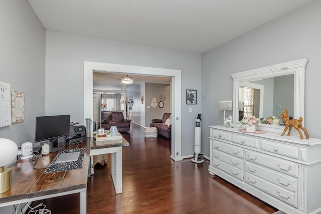 home office featuring dark wood-type flooring