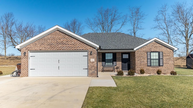 ranch-style home with a garage and a front yard