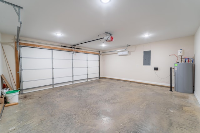 garage featuring water heater, a garage door opener, and electric panel